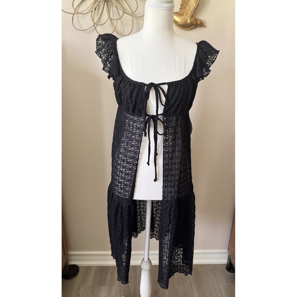 La Peche Black Sheer Lace‎ Tie Front Duster Cover Up Boho Dress Medium
